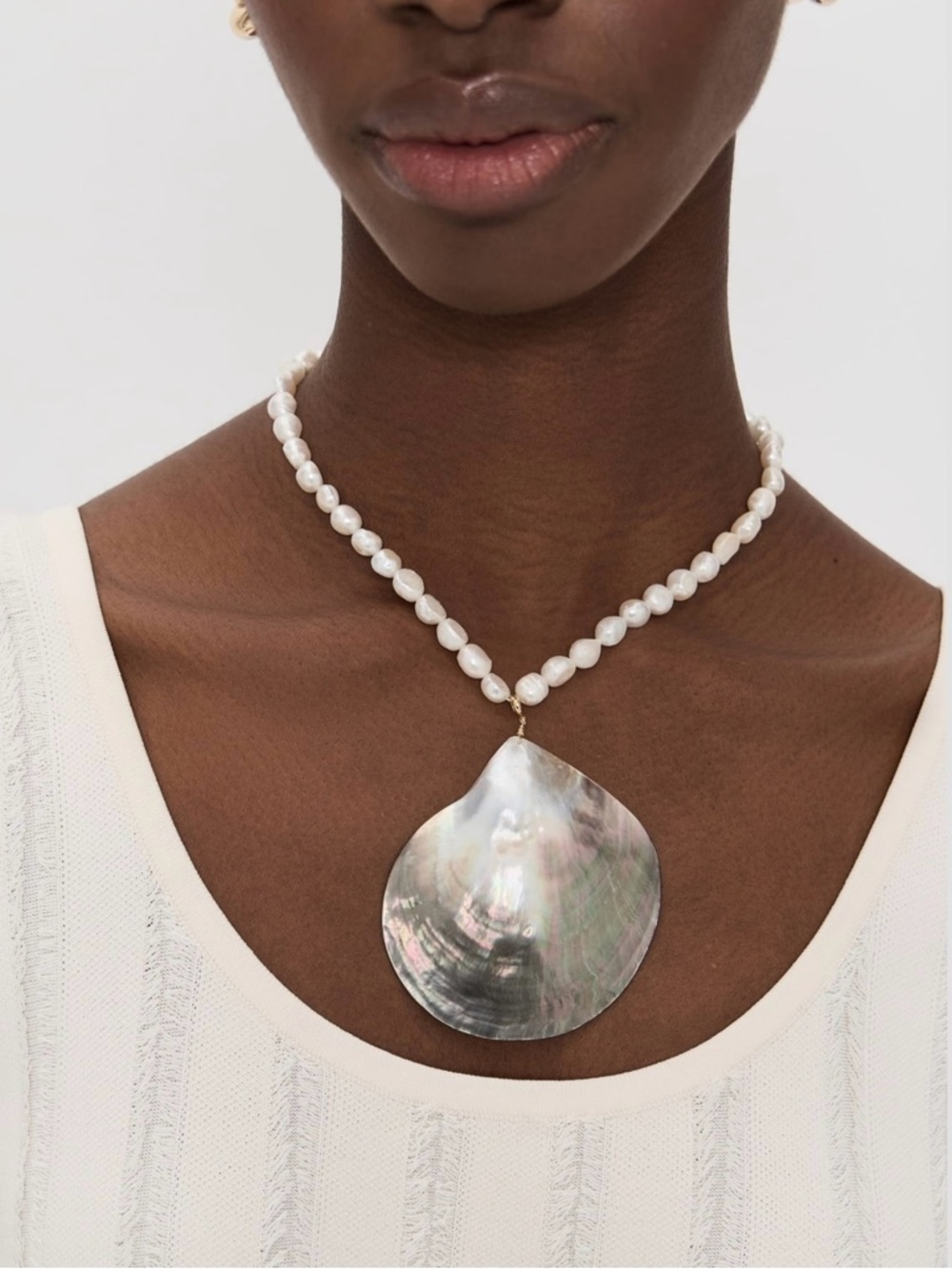 Freshwater Pearl Necklace with Iridescent Shell Pendant in Soft Pink